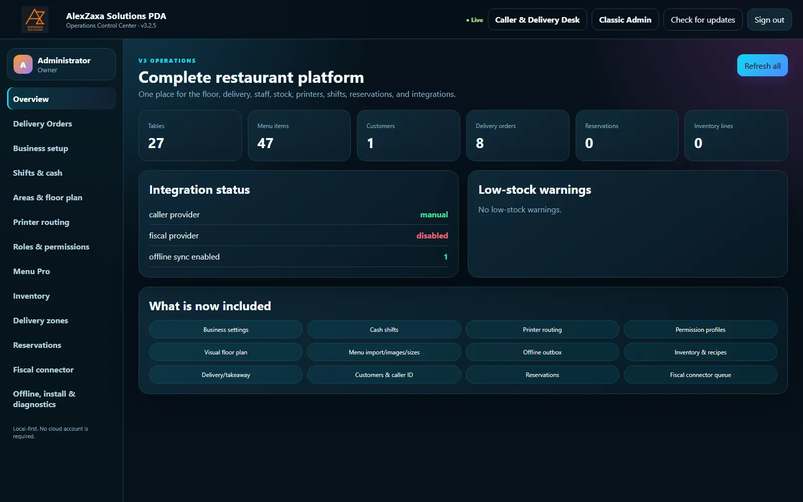 AlexZaxa Solutions PDA operations control center, showing live tables, menu items, and delivery orders