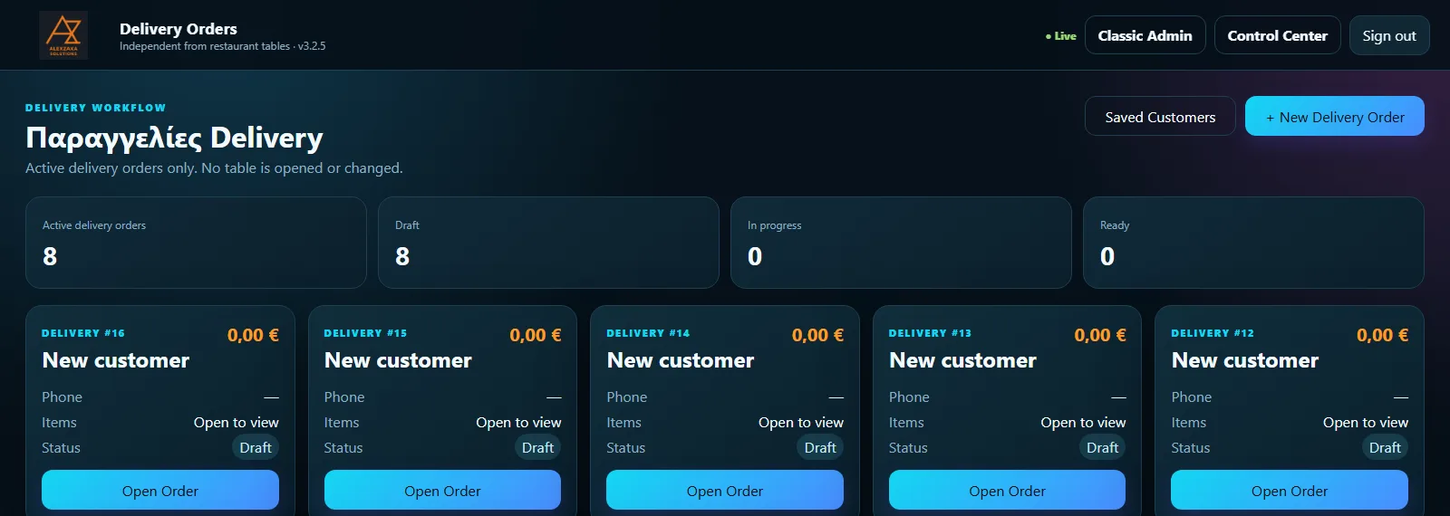 Delivery orders workflow, independent from restaurant tables